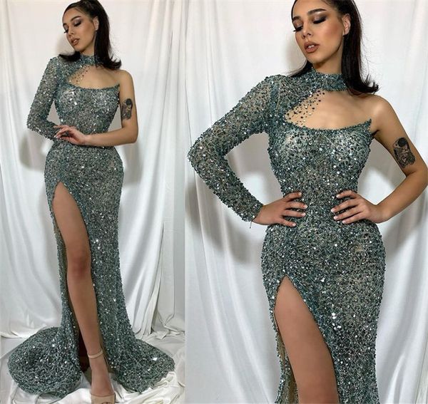 

2021 plus size arabic aso ebi sparkly luxurious sequined prom dresses beaded high split evening formal party second reception gowns zj365, Black