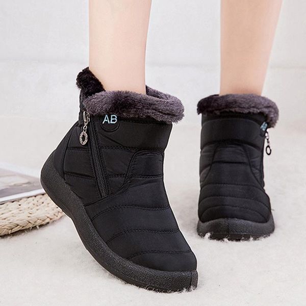 

boots waterproof snow women winter warm plush shoes ladies ankle non-slip zip flats for female botas de mujer, Black