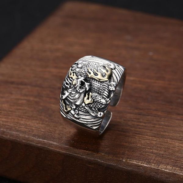 

cluster rings real pure 925 sterling silvermen ringsgothicretro punk rock dragon ring opening adjustable fine jewellery boyfriendgift party, Golden;silver
