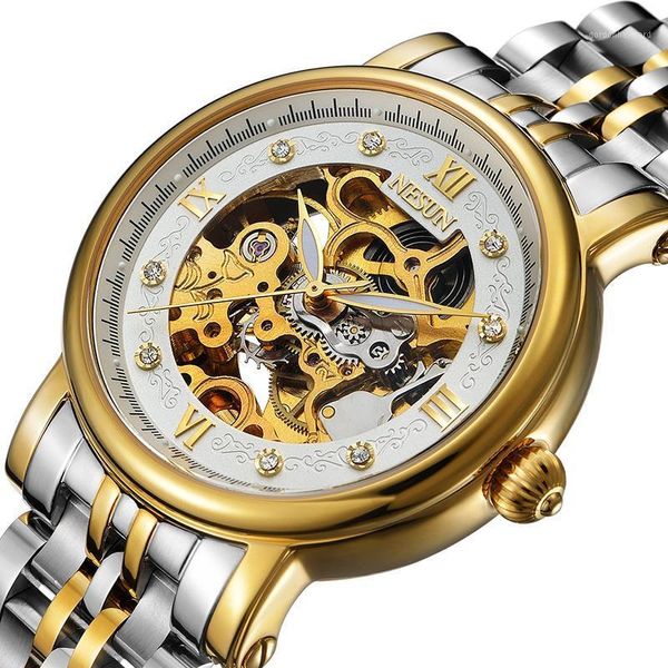 

switzerland nesun skeleton watch men automatic self-wind men's watches sapphire crystal waterproof clock n9501-3 wristwatches, Slivery;brown