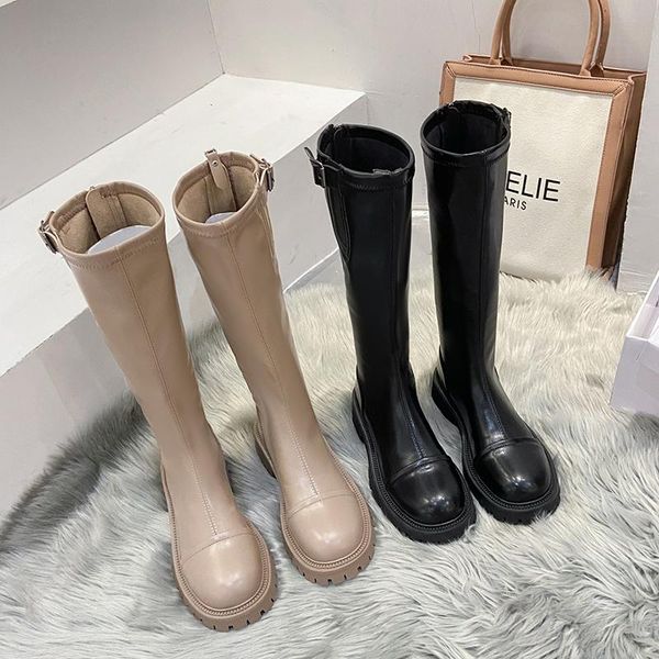 

boots slim flat thigh high platform women thick sole knee-high shoes black winter long motorcycle