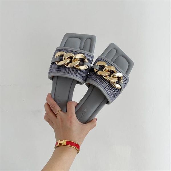 

slippers gold chain women summer fashion slides flat casual shoes female slip on sandals ladies beach flip flop, Black
