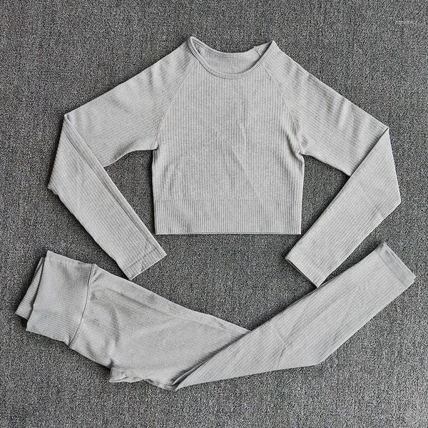 

women sportswear yoga set ribbed seamless long sleeve workout clothes for high waist sports legging 2 pc outfit