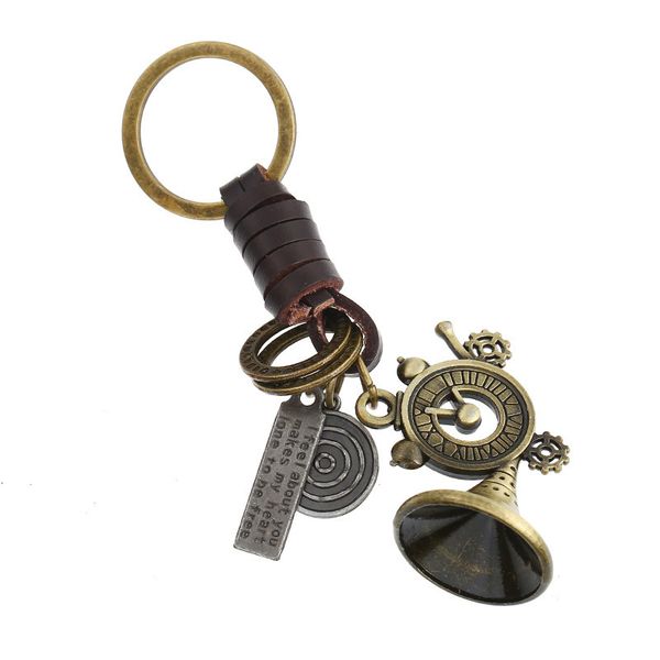 

key rings punk hand woven car pendant leather chain horn metal ring, Slivery;golden