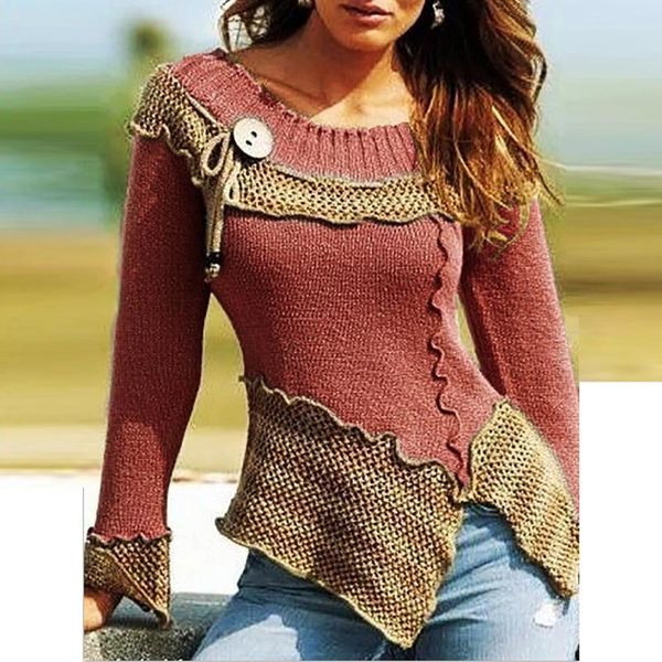 

vintage sweater women round neck design sense button long-sleeve autumn knitted pullover irregular hem clothing women's sweaters, White;black