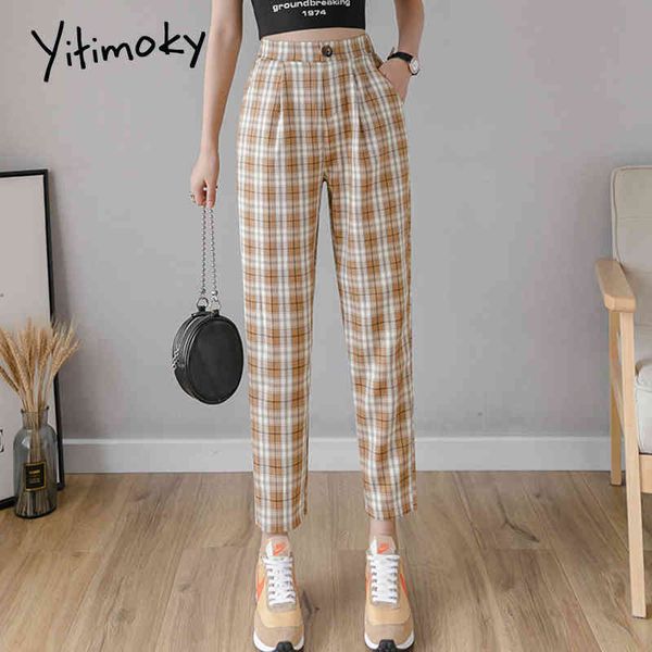 

plaid cotton and linen elastic pants women streetwear summer checkerboard high waist plus size harem female 200930, Black;white