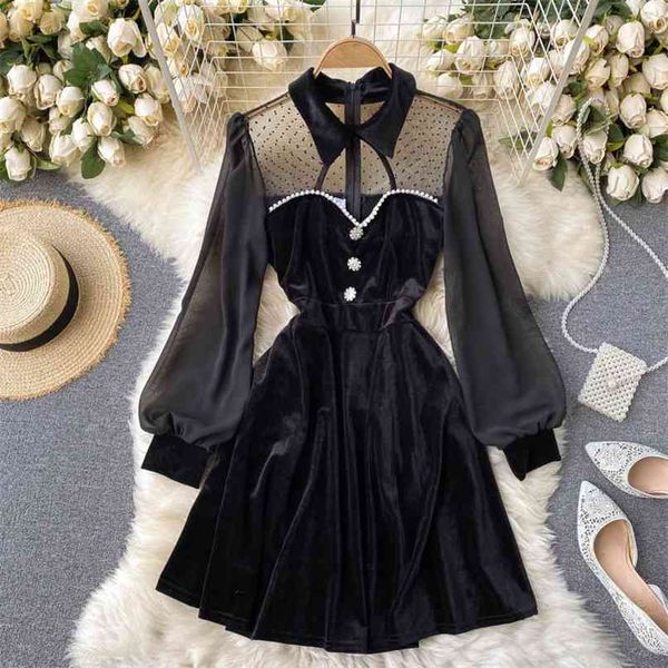 

lady fashion black velvet a-line dress women perspective dot print mesh stitching retro long sleeve elegant vestidos q945 210527, Black;gray