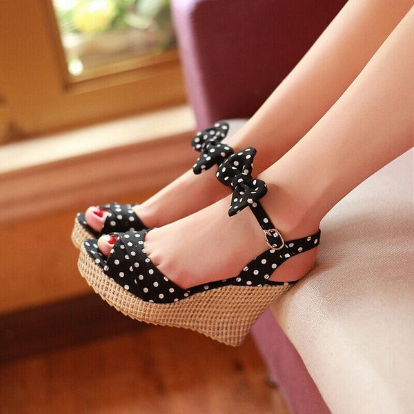 

women's platform wedge high heels peep toe polka dot slingbacks sandals shoes, Black