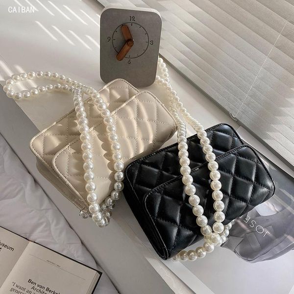 

lattice square crossbody bag 2021 summer high-quality pu leather women's designer handbag pearl strap shoulder messenger bags