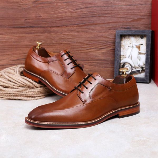 

summer brand men's derby shoes full grain true genuine leather dress for men square toe lace-up wedding zapatos, Black