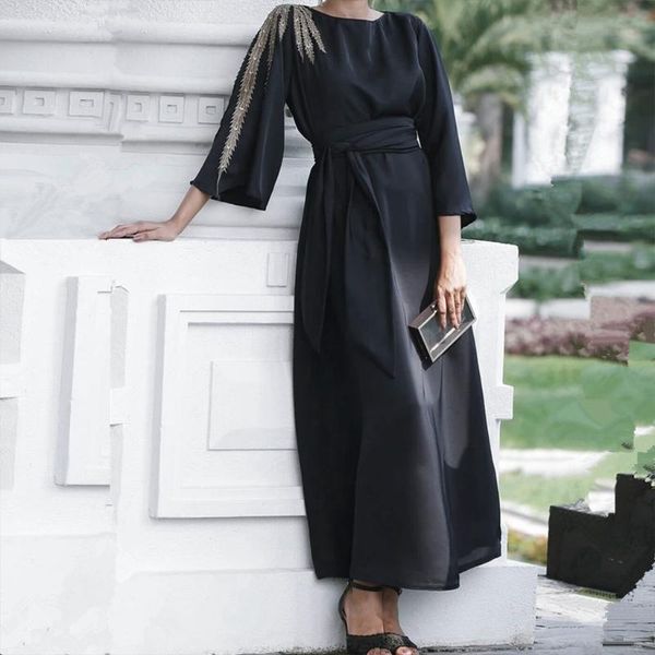 

ethnic clothing 2021 women muslim 3/4 sleeve satin maxi dress embroidery patchwork islamic abya robe belted high waist dubai party kaftan, Red