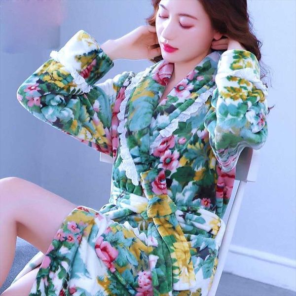 

winter pink long robe warm womens sleepwears nightgown housedress bedgown floral girl homewear, Black;red
