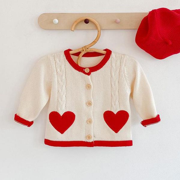 

baby girl knitted cardigan heart sweater coat solid sweater kids single-breasted outerwear toddler girl sweater 210413, White