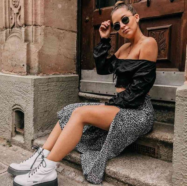 

summer long skirts women leopard floral printed high waist split skirt casual bohemian skirt female, Black
