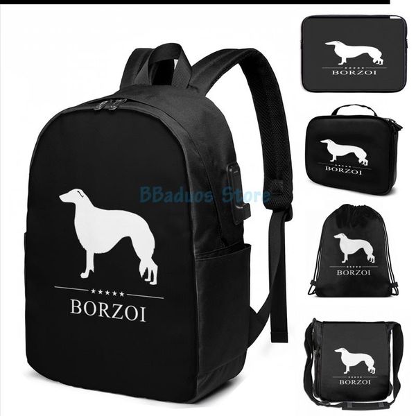 

funny graphic print borzoi dog white silhouette usb charge backpack men school bags women bag travel laptop