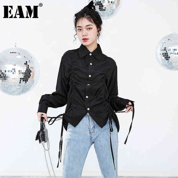 

[eam] women big size short drawstring pleated blouse lapel long sleeve loose fit shirt fashion spring autumn 1d19501 21512, White