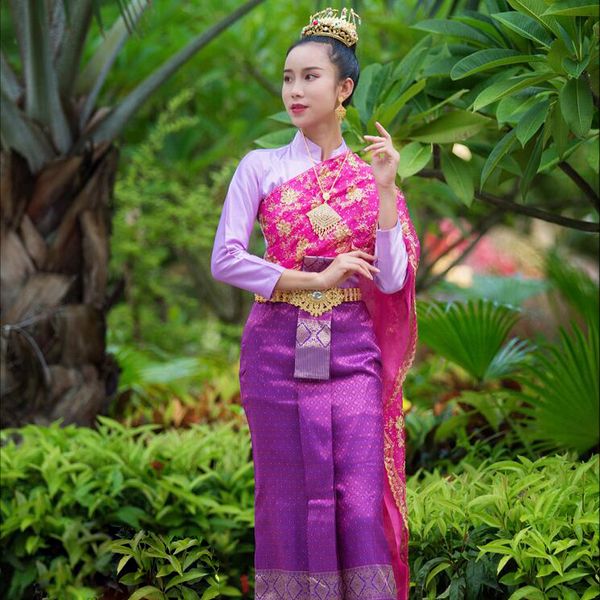 

myanmar laos dai princess dress thai outfit women coffee color welcome work wear thailand water splashing festival holidays costume, Red
