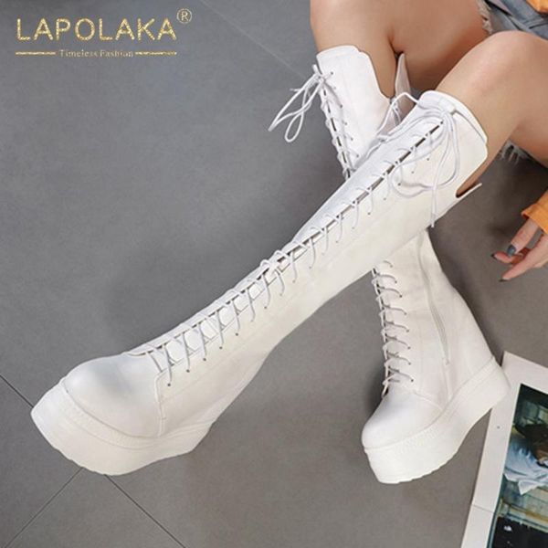 

boots lapolaka fashion height increasing mid calf woman shoes zipper platform wedge high heels ladies, Black