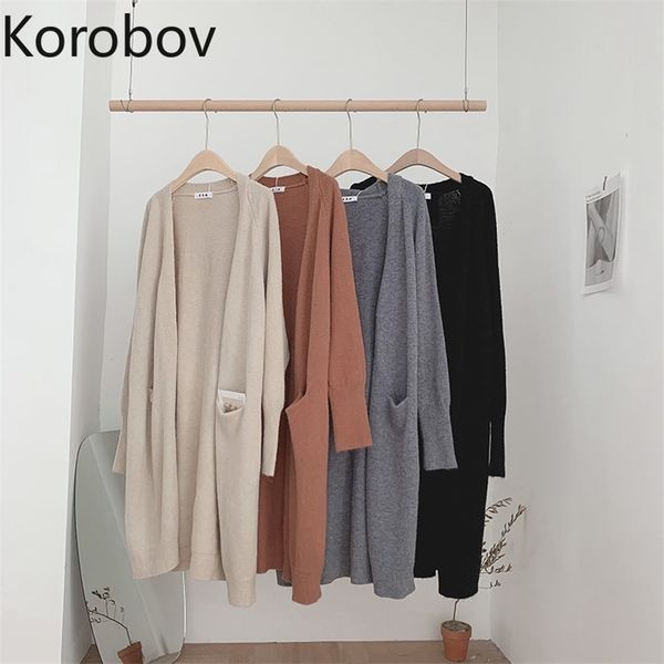 

korobov women autumn outwear knit cardigans korean solid elegant office lady long sweaters vintage long sleeve sueter mujer 210430, White