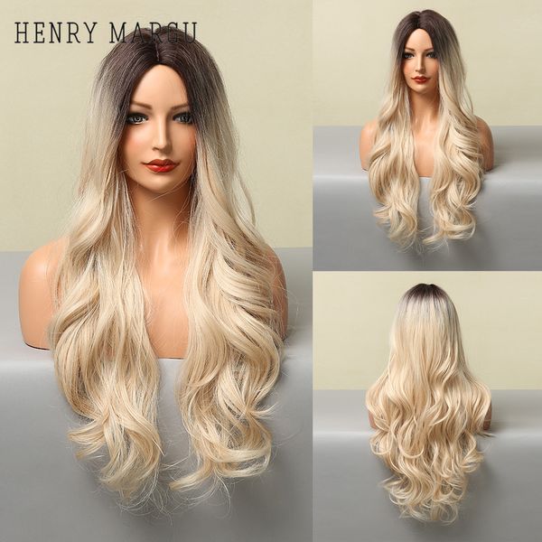 

long wave ombre brown blonde synthetic wigs for women daily party cosplay middle part wigs heat resistant false hairfactory direct, Black
