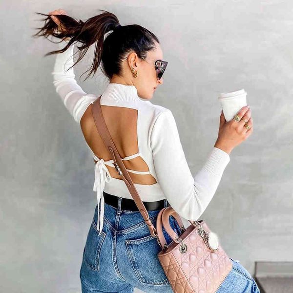 

elegant pure white bodycon knitted sweater pullover blouse za spring long sleeve fashion backless vintage design 210521, White;black