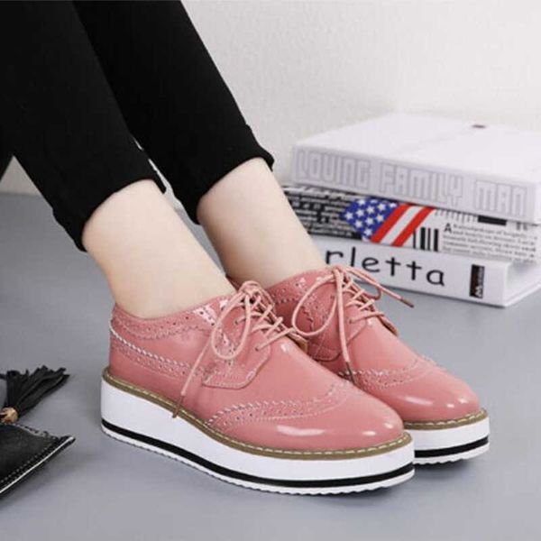 

brand women platform flats woman brogue derby leather lace up classic bullock footwear female oxford shoes lady zapatos de mujer y0907, Black