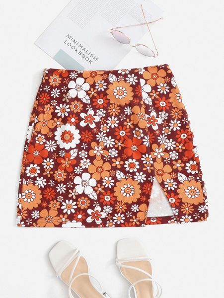 

split hem allover floral skirt 37ox#, Black