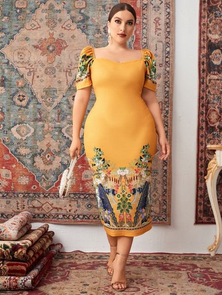 

plus floral print puff sleeve square neck split back bodycon dress y9l5#, Black