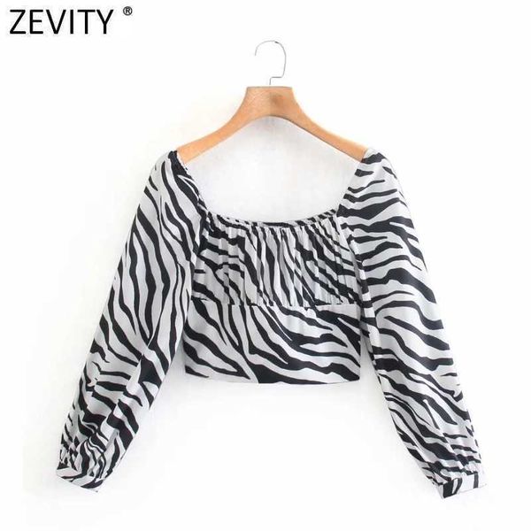 

zevity women vintage zebra striped print short smock blouse female pleats long sleeve side zipper shirt chic blusas ls9233 210603, White