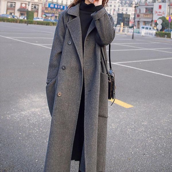

women's wool & blends 2021 autumn winter coat female fashion long single breasted slim solid korean style warm elegant, Black