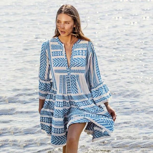 

femme fashion design striped a-line dress stand collar ruffles beach empire flare sleeve printed robes holiday vestido casual dresses, Black;gray