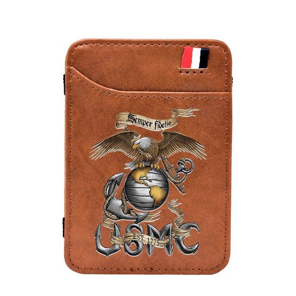

card holders classic united states marine corps design magic wallet men women charm leather mini money clips purse gifts, Brown;gray