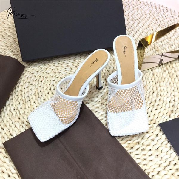 

slippers prowow fashion style woman summer square toe black white thin high heel women shoes casual
