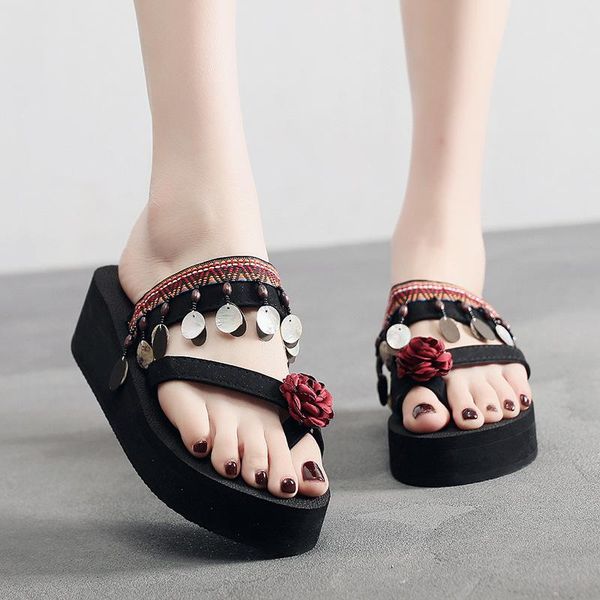 

slippers female flip-flops summer wedge woman shoes beach bohemian sandals with flowers women's large size fashion, Black