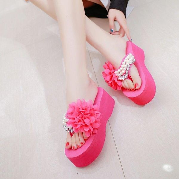 

slippers flock women summer beach shoes string bead pantofle slides med on a wedge sabot 2021 soft rome scandals casual rubber p, Black