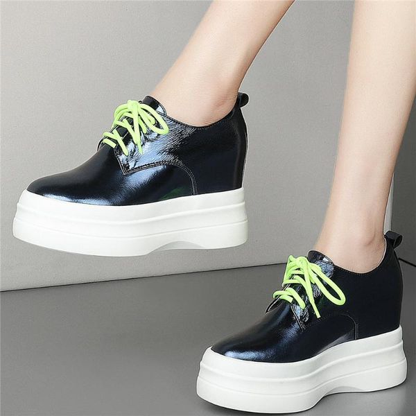 

boots 10cm high heel pumps shoes women lace up genuine leather wedges punk ankle female round toe fashion sneakers casual, Black