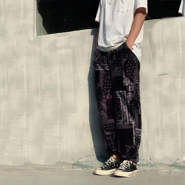 

men's pants straight leg trousers youth casual street cashew digital printed polyester elastic drawstring loose quick-dry, Black