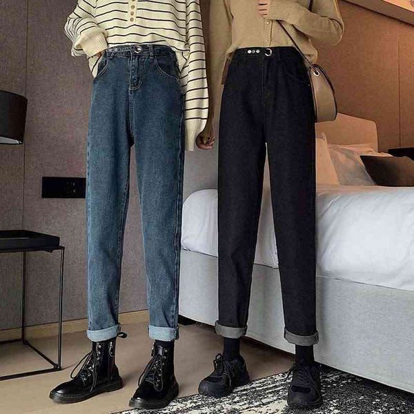 

women's jeans plush high waist looks thin loose in autumn and winter 0u19, Blue