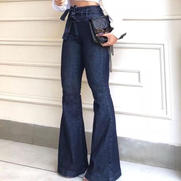 

women's jeans 2021 trousers high waist micro stretch lace-up flared women, Blue
