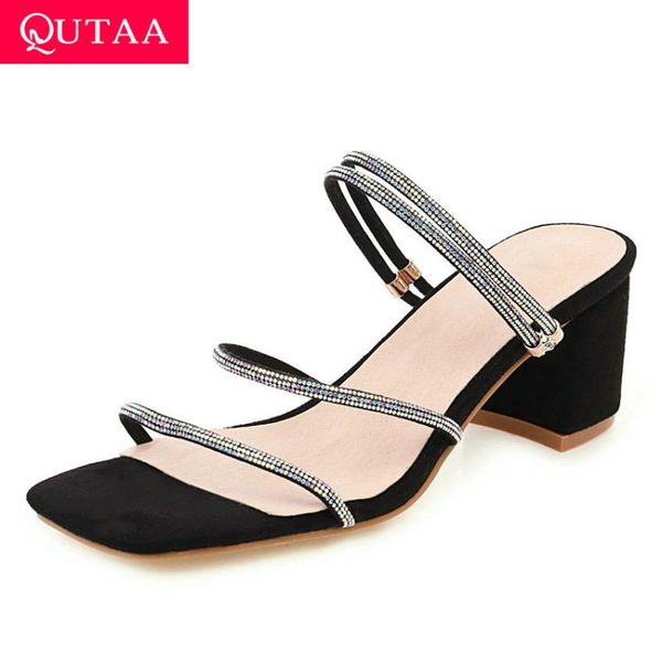 

sandals qutaa 2021 square high heel summer fashion flock crystal slip on women shoes open-toed slingback ladies pumps size 34-43, Black