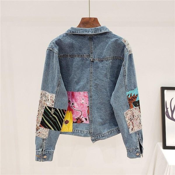 

women's jackets autumn harajuku women loose colorful spliced batwing sleeve denim jacket shiny sequined hip hop coat bf style casual ou, Black;brown