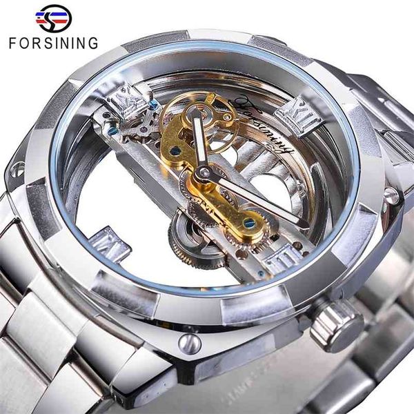 Forsiging Erkekler Şeffaf Tasarım Mekanik İzle Otomatik Gümüş Kare Altın Dişli İskelet Paslanmaz Çelik Kemerler Saat Saati 210804
