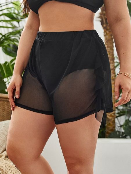 

plus chiffon ruffle cover up shorts b0mx#, Black