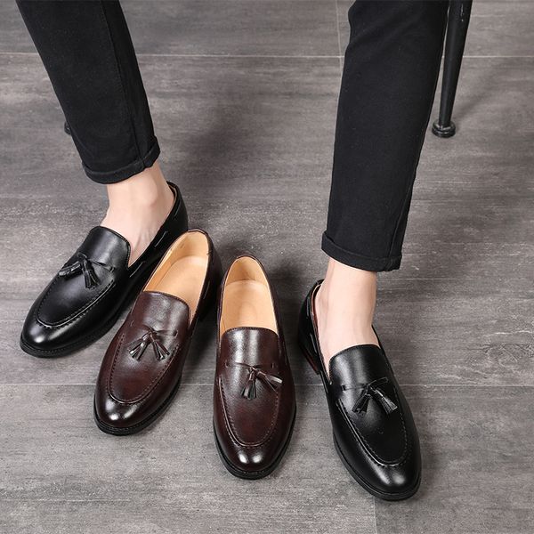 

dress shoes solid men loafers big size man brand designer wedding tassel flats fringed slip on oxford zy443, Black