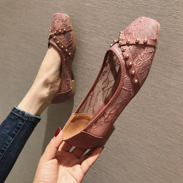 

vero nova malha quadrada toe plana rebites rendas casuais senhora deslizamento em sapatos para mulher, Black