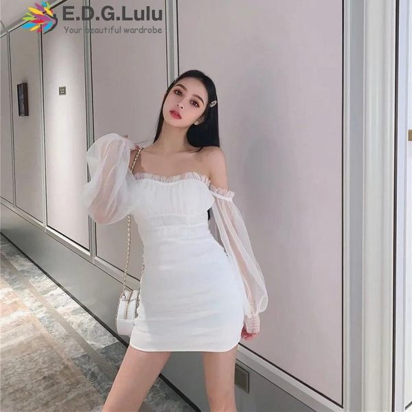

casual dresses edglulu club off shoulder tulle puff sleeve dress women summer elegant backless ruched white bodycon 1116, Black;gray