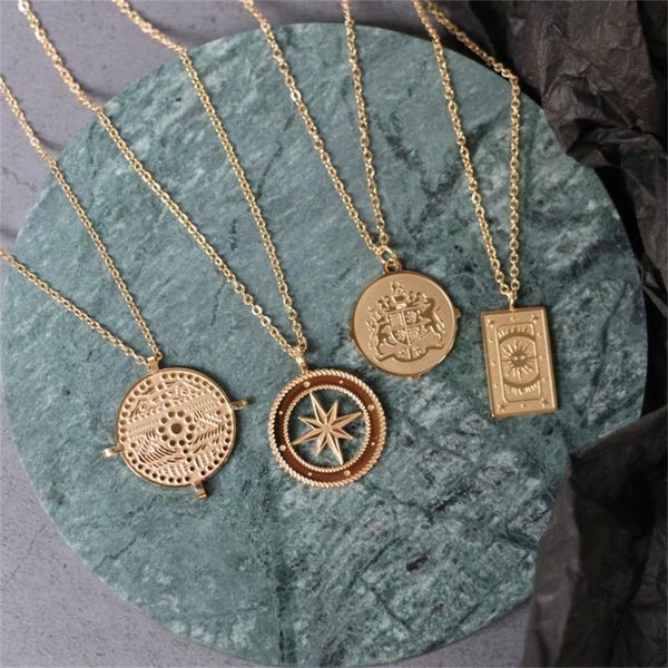 

chains 2021 gothic tarot cards necklace medal coin compass pendant necklaces vintage clavicle chain women jewelry, Silver