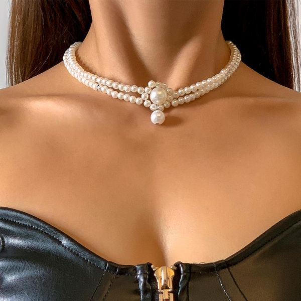 

pendant necklaces lacteo bohemian double layered imitation pearls necklace for women hip hop y2k style choker jewelry accessories, Silver