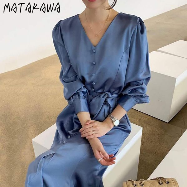

matakawa elegant v-neck loose tie slim waist trumpet / mermaid korean chic woman dress puff sleeve long vestido feminino 210513, Black;gray