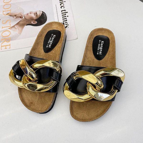 

fashion casual shoes women runway half slippers flip-flops metal chain leather flat mules mujer, Black